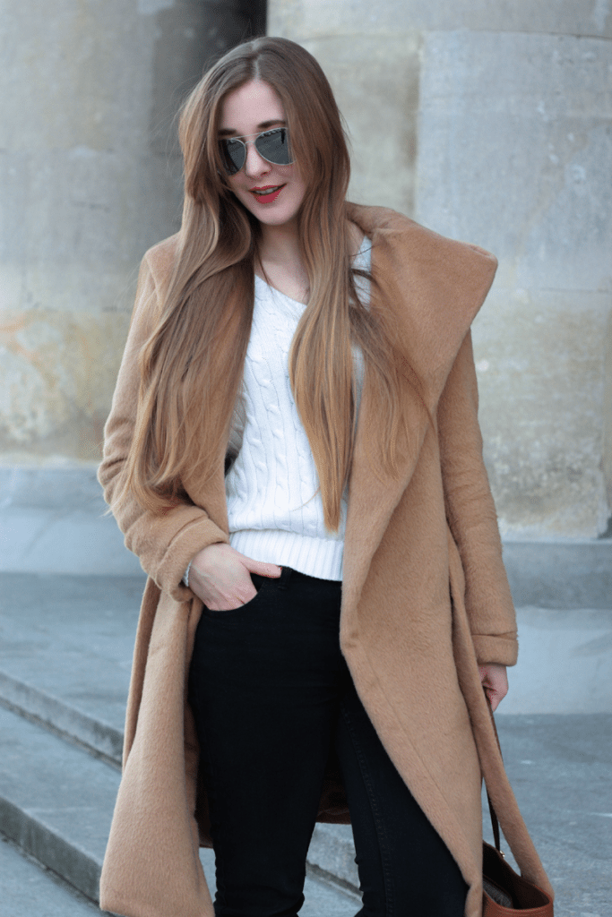 lustrzane okulary camelowy płaszcz sheinside ootd